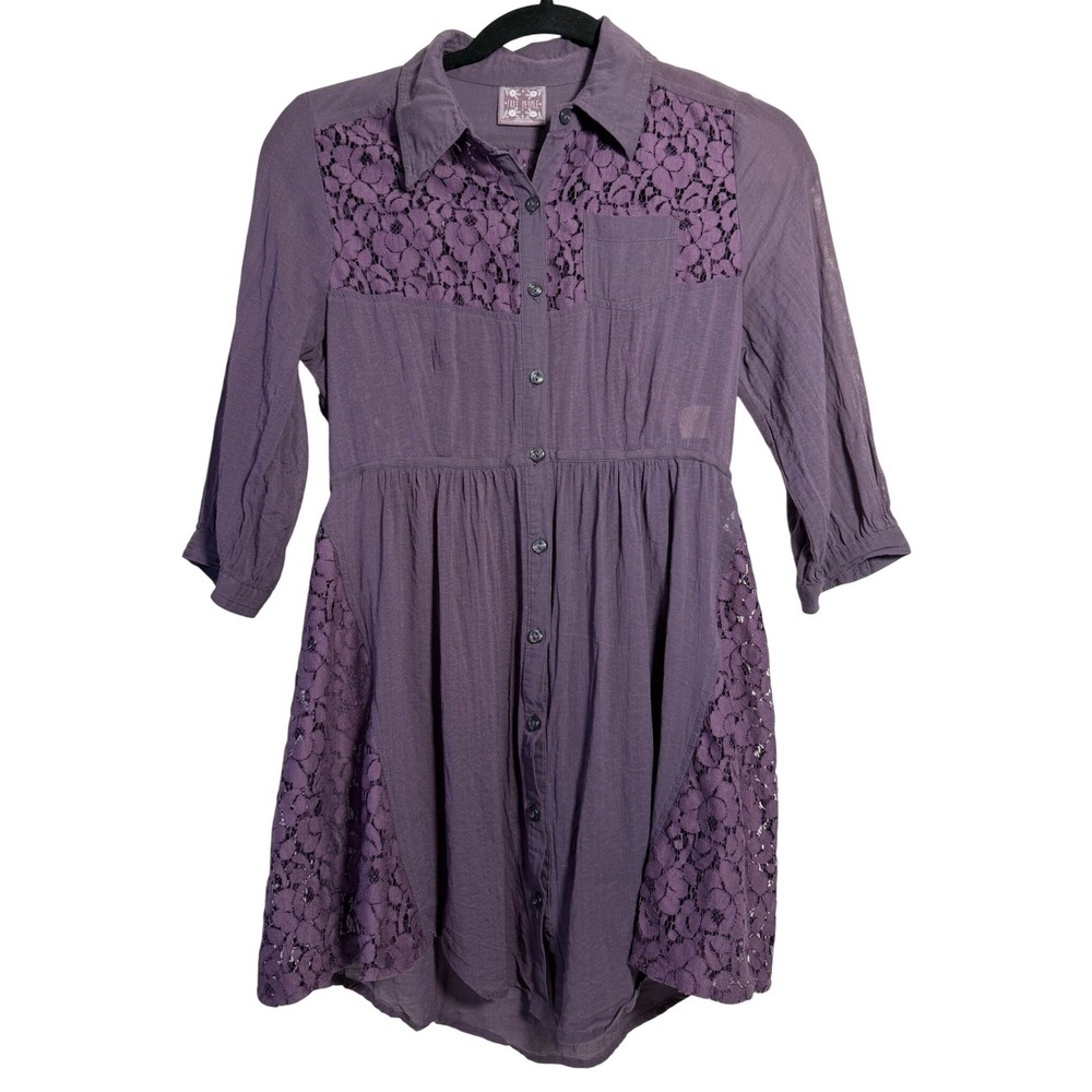 Free People Shirt Dress Womens 2 Purple Lace Panel Button Front Boho Mini